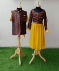 Brown And Mustard Bird Embroidered Kurta Set With Nehru Jacket