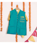 Yellow Silk Kurta Pyjama And Green Nehru Jacket