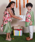 Floral Print And Light Green Katan Jumpsuit