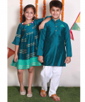 Teal Green Katan Silk Kurta And Off White Pyjama