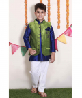 Green Nehru Jacket With Navy Blue Kurta And Off White Pyjama