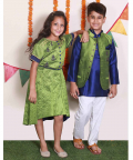 Green Nehru Jacket With Navy Blue Kurta And Off White Pyjama