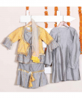 Grey Katan Kurta Paired With Sharara And Mustered Yellow Brocade Jacket
