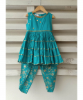 Green Katan Kurta With Printed Flares