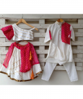Off White Silk Kurta Pink Leheriya Jacket