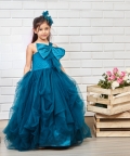 Teal Blue Draped Gown With Big Velvet Bow