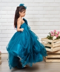 Teal Blue Draped Gown With Big Velvet Bow