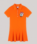 Orange Polo Dress With Drop Waist Silhouette And Daisy Duck Motif