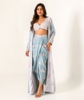 Aqua Blue & Slate Grey Bralette, Lungi & Cape Set