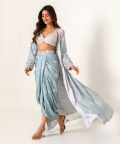 Aqua Blue & Slate Grey Bralette, Lungi & Cape Set