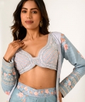 Aqua Blue & Slate Grey Bralette, Lungi & Cape Set