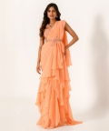 Embellished Orange Blouse With Chiffon Ruffle Saree