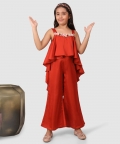 Asymentric Jumpsuit With Flower Embelishment Coral Brown