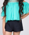 Jelly Jones Mint Color Gather Dress With Neck Beads 