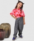 Flower Print Baloon Top With Pant Pink And Grey