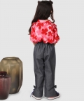 Flower Print Baloon Top With Pant Pink And Grey
