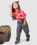 Flower Print Baloon Top With Pant Pink And Grey