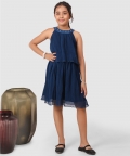 Pleated Frock With Dimond Embelisment On Neck Teal