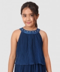 Pleated Frock With Dimond Embelisment On Neck Teal