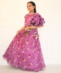 Lavender Printed Organza Ghagra With Crop Top And Potli