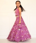 Lavender Printed Organza Ghagra With Crop Top And Potli