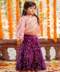 Pink Embroidered Velvet Top With Purple Ghagra