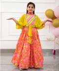 Top With  Stylish Jacket And Salmon Pink Floral Lehenga