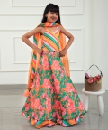 V Neck Top And Floral Orange Lehenga With Matching Dupatta