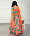 V Neck Top And Floral Orange Lehenga With Matching Dupatta