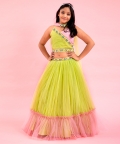 Dual Tone Pleated Top And Ruffle Lehenga With Dupatta