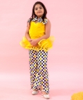 Yellow Pleated Organza Peplum Top With Pants