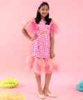 Heart Print Dress With Frilled Detailing At Hem And Sleeves