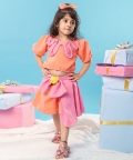 Patterned Orange Crop Top With Bow Pleated Skirt
