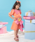 Patterned Orange Crop Top With Bow Pleated Skirt
