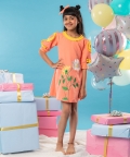 Flower Embroidered Orange Frock With Yellow Pleats On Top