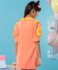 Flower Embroidered Orange Frock With Yellow Pleats On Top