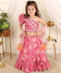 Puffed Sleeve Cotton Print Crop Top With Lehenga
