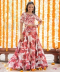 Heavy Pearl Beaded Work Top With Floral Print Lehenga