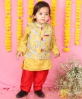 Yellow Kurta With Off White Floral Jacket And Pyjama