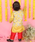 Yellow Kurta With Off White Floral Jacket And Pyjama
