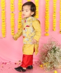 Yellow Kurta With Off White Floral Jacket And Pyjama