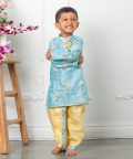Flower Embroidery Blue Kurta With Yellow Dhoti