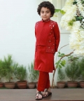 Red Kurta Set With Embroidered Nehru Jacket