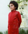 Red Kurta Set With Embroidered Nehru Jacket