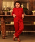 Red Organic Cotton Dobby Tuxedo Jacket Set 