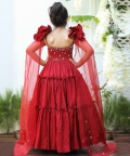 Red Embroidered Tiered Gown