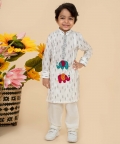 White Ikat Printed Kurta Set