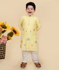 Light Yellow Cotton Silk Embroidered Kurta With Pyjama