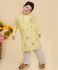 Light Yellow Cotton Silk Embroidered Kurta With Pyjama