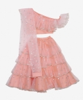 Girl Pink One Shoulder Ruffled Lehenga Choli With Dupatta